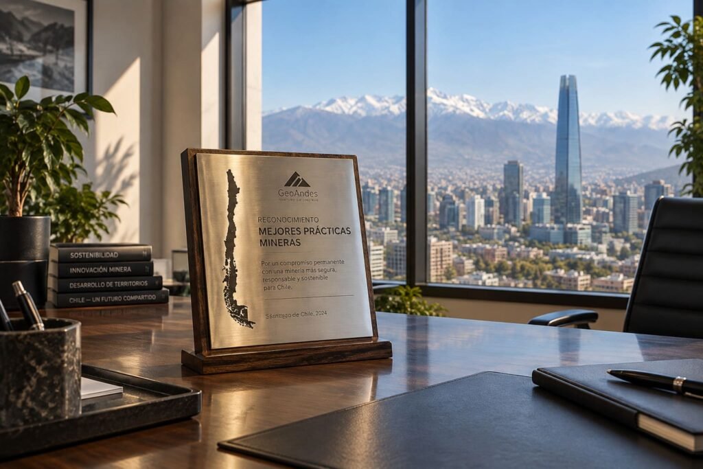 Galvano de metal por mejores prácticas mineras con mapa de Chile y Santiago de fondo