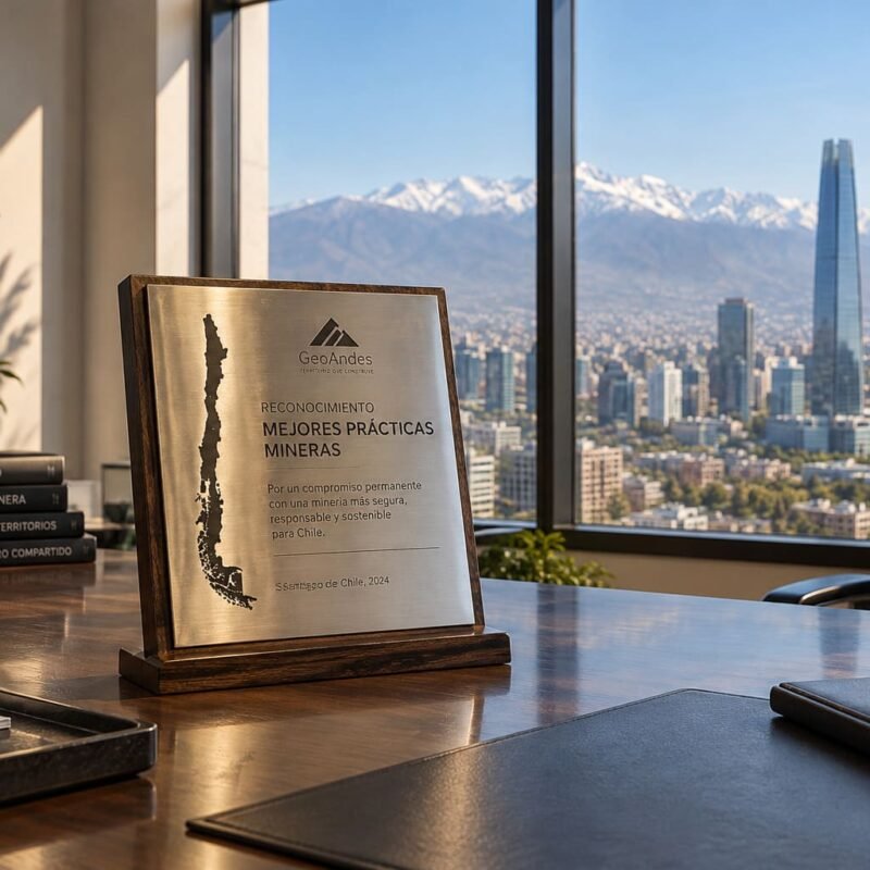 Galvano de metal por mejores prácticas mineras con mapa de Chile y Santiago de fondo