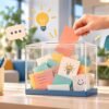 Buzón de sugerencias moderno de acrílico con tarjetas de colores y nuevas ideas en una oficina luminosa