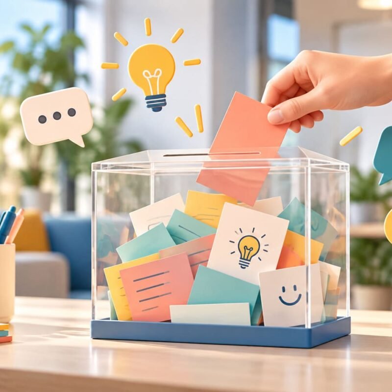 Buzón de sugerencias moderno de acrílico con tarjetas de colores y nuevas ideas en una oficina luminosa