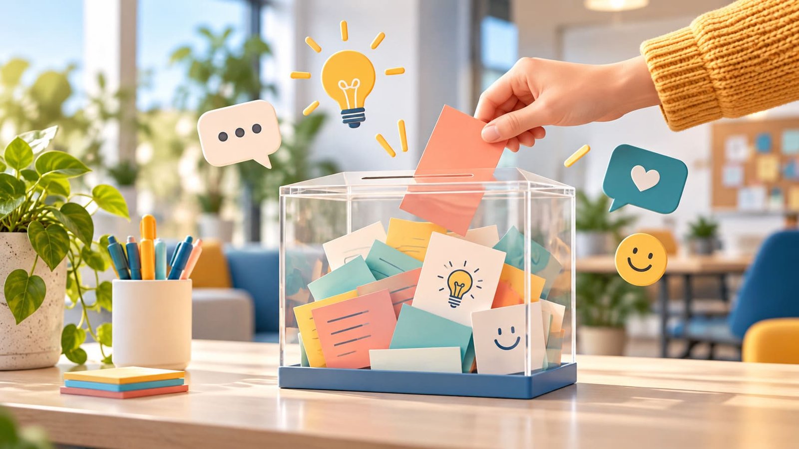 Buzón de sugerencias moderno de acrílico con tarjetas de colores y nuevas ideas en una oficina luminosa