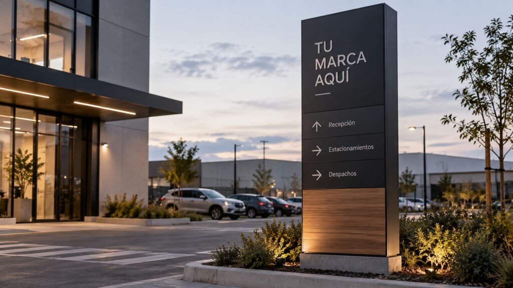 Tótem publicitario exterior de orientación corporativa con indicaciones de recepción, estacionamientos y despachos