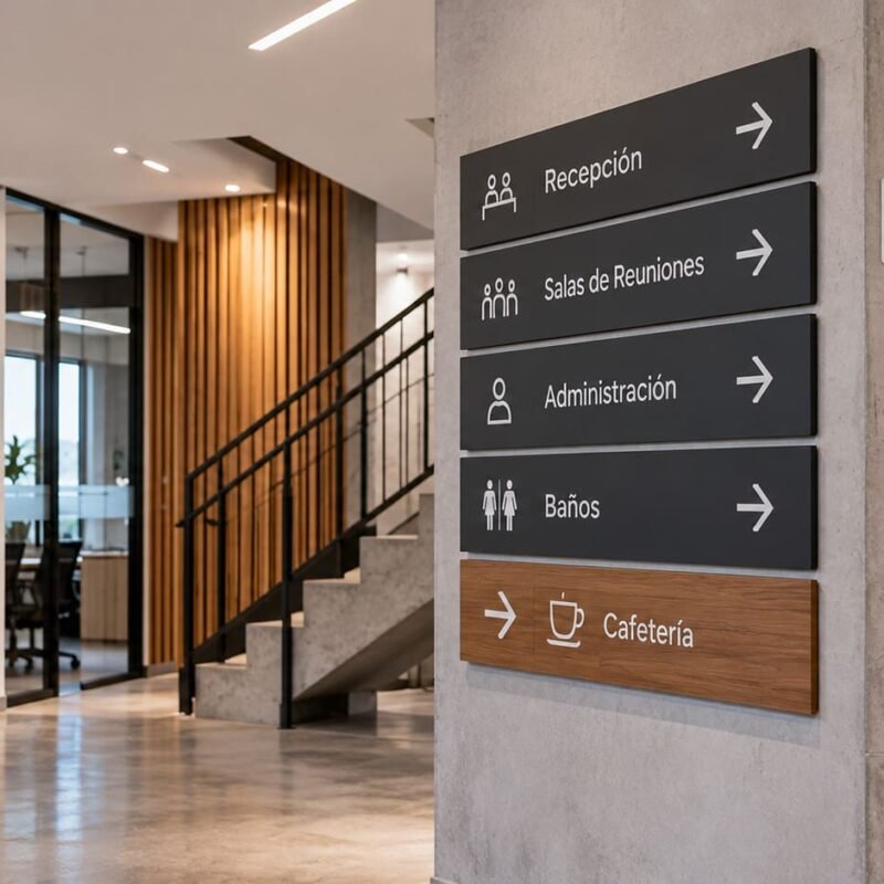 Señaléticas corporativas de orientación, recepción, salas de reuniones y seguridad en un edificio