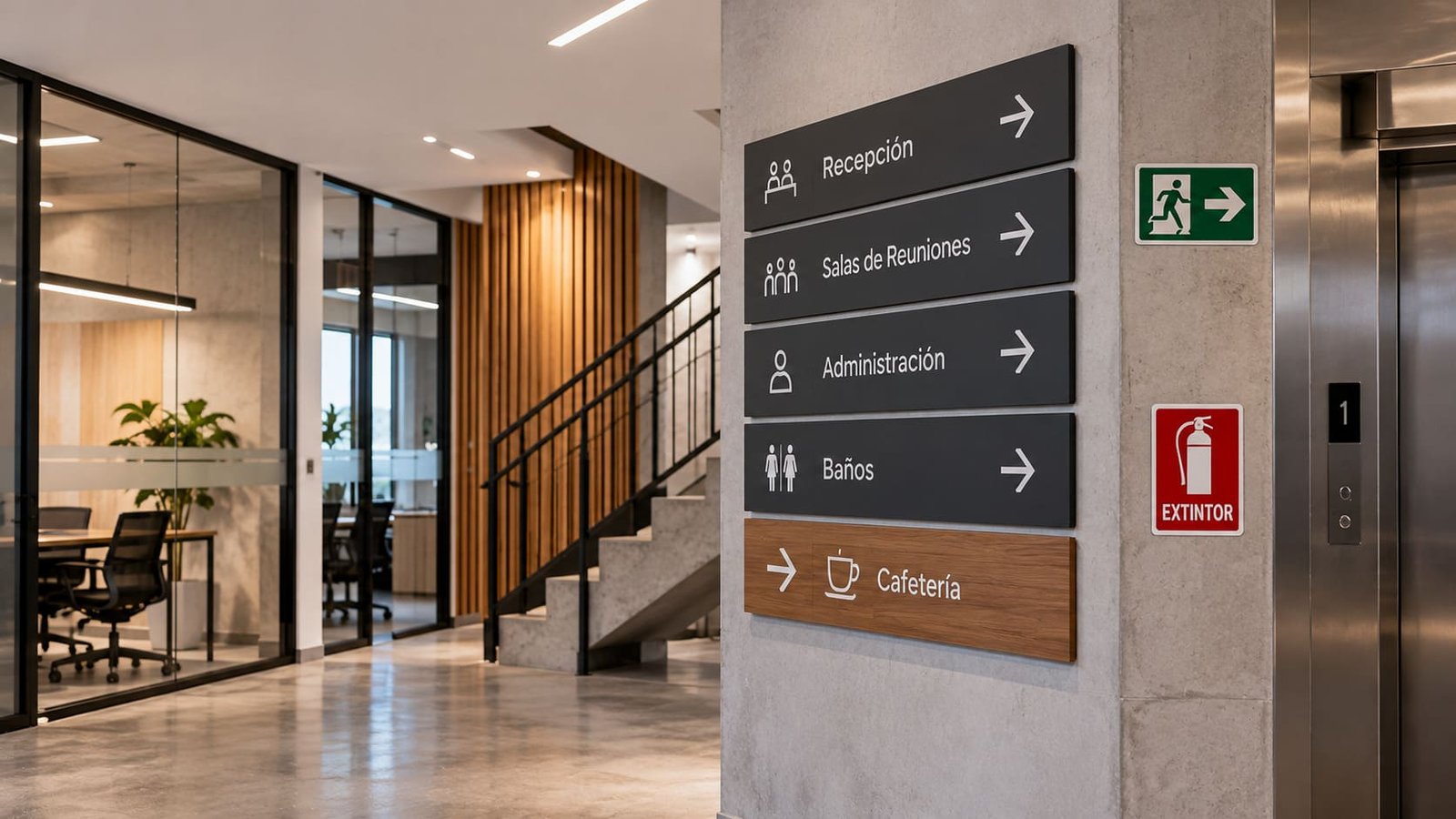 Señaléticas corporativas de orientación, recepción, salas de reuniones y seguridad en un edificio