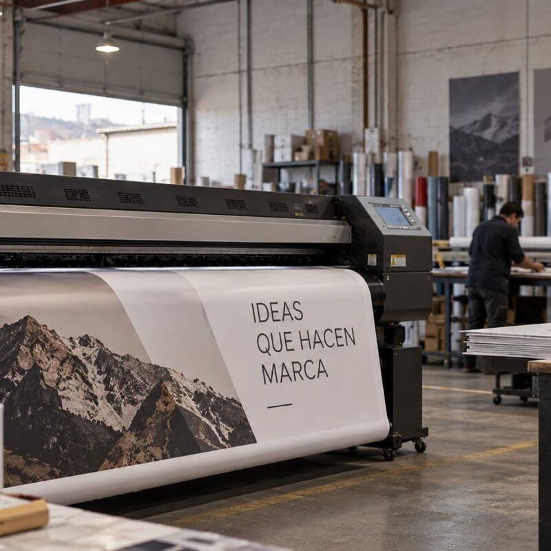 Impresión digital de gran formato en taller industrial con equipo de impresión, materiales y operarios