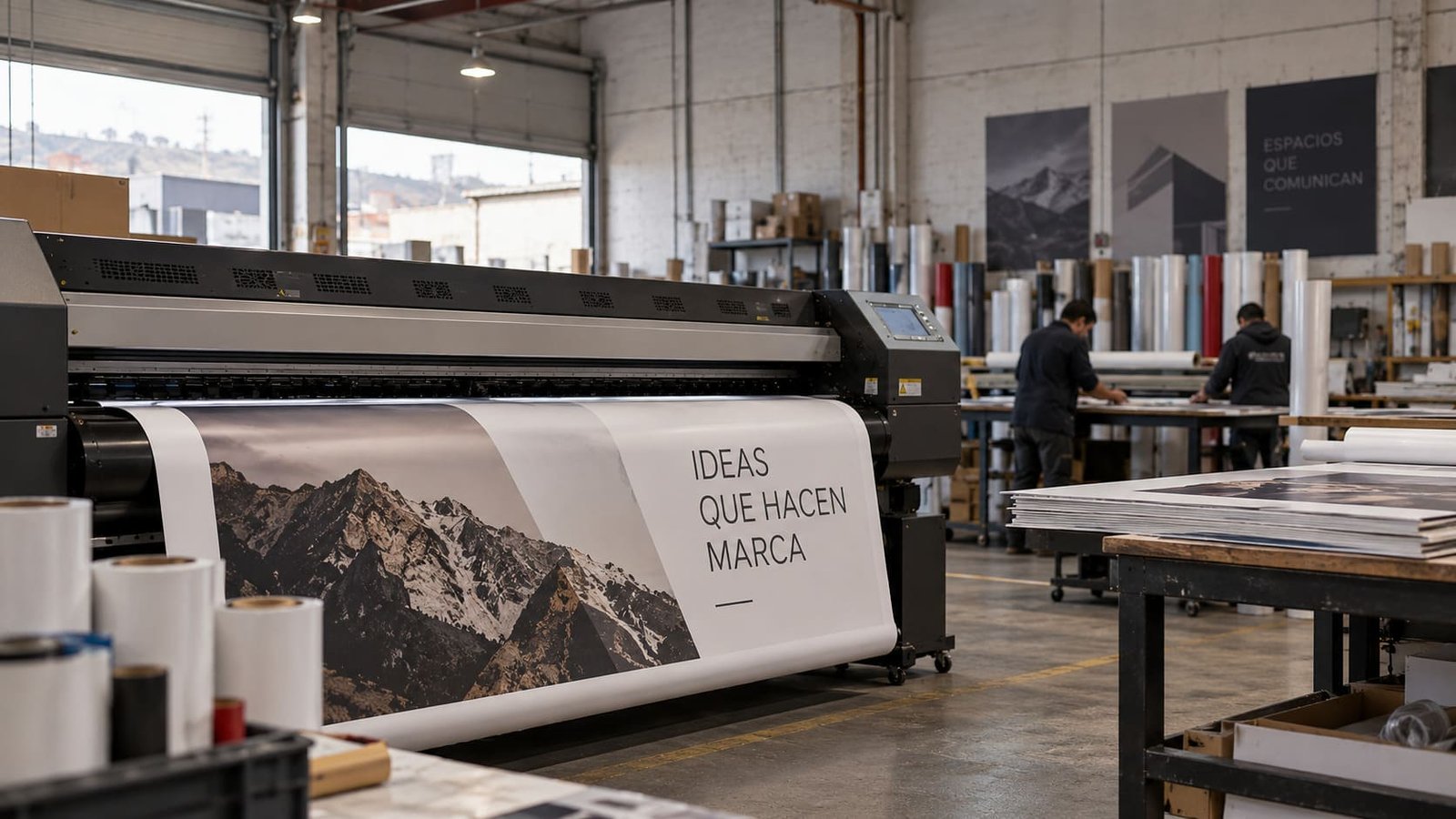 Impresión digital de gran formato en taller industrial con equipo de impresión, materiales y operarios
